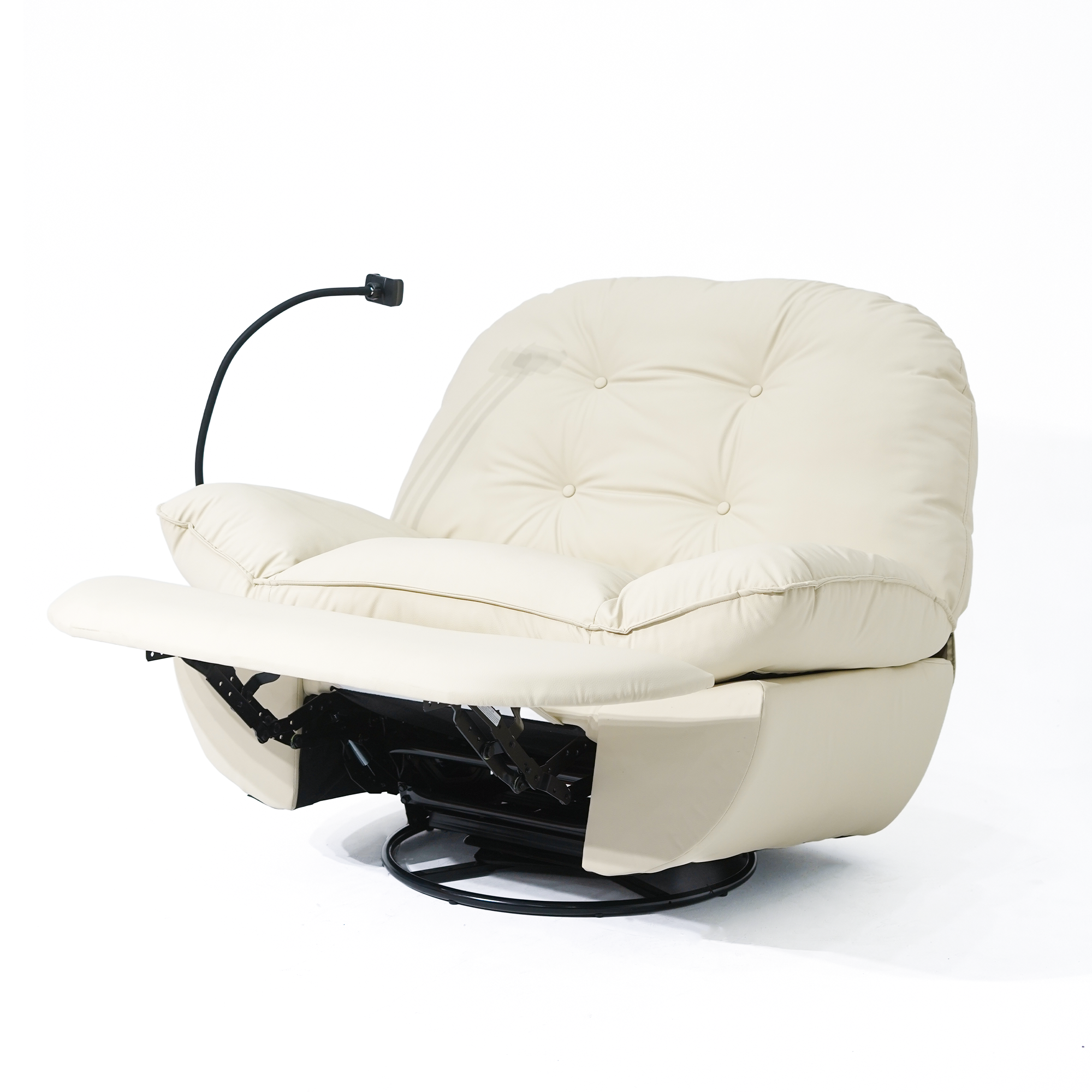 360-degree swivel base on a modern rocker recliner chair for easy movement.