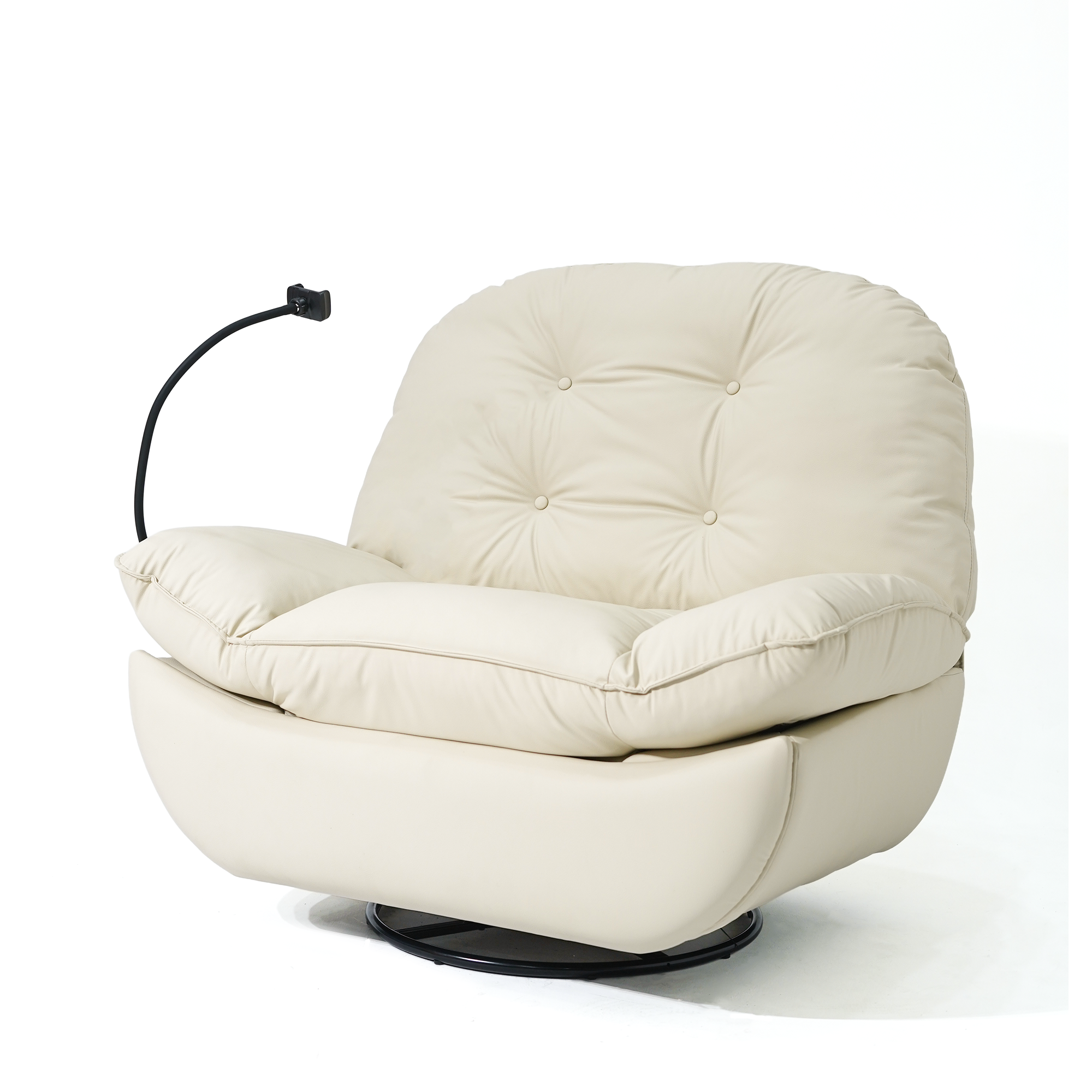 Modern recliner chair with a convenient pop-up side table for a laptop or drinks.