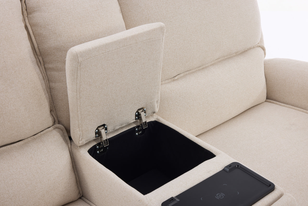 Beige sofa with a storage compartment open on a white background