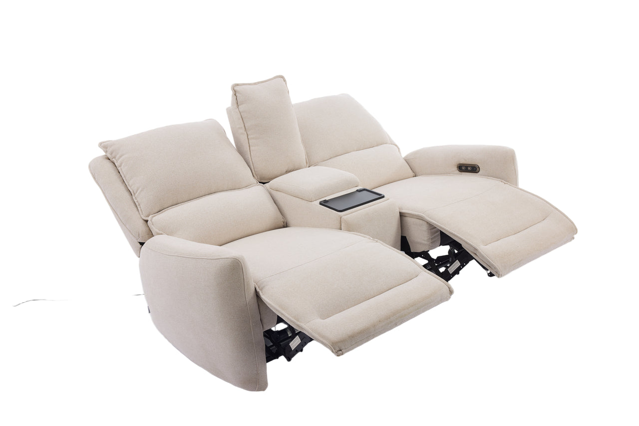 Beige recliner sofa with cup holder on a white background