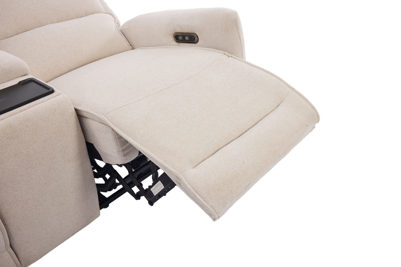 Beige recliner chair with power recline feature on a white background