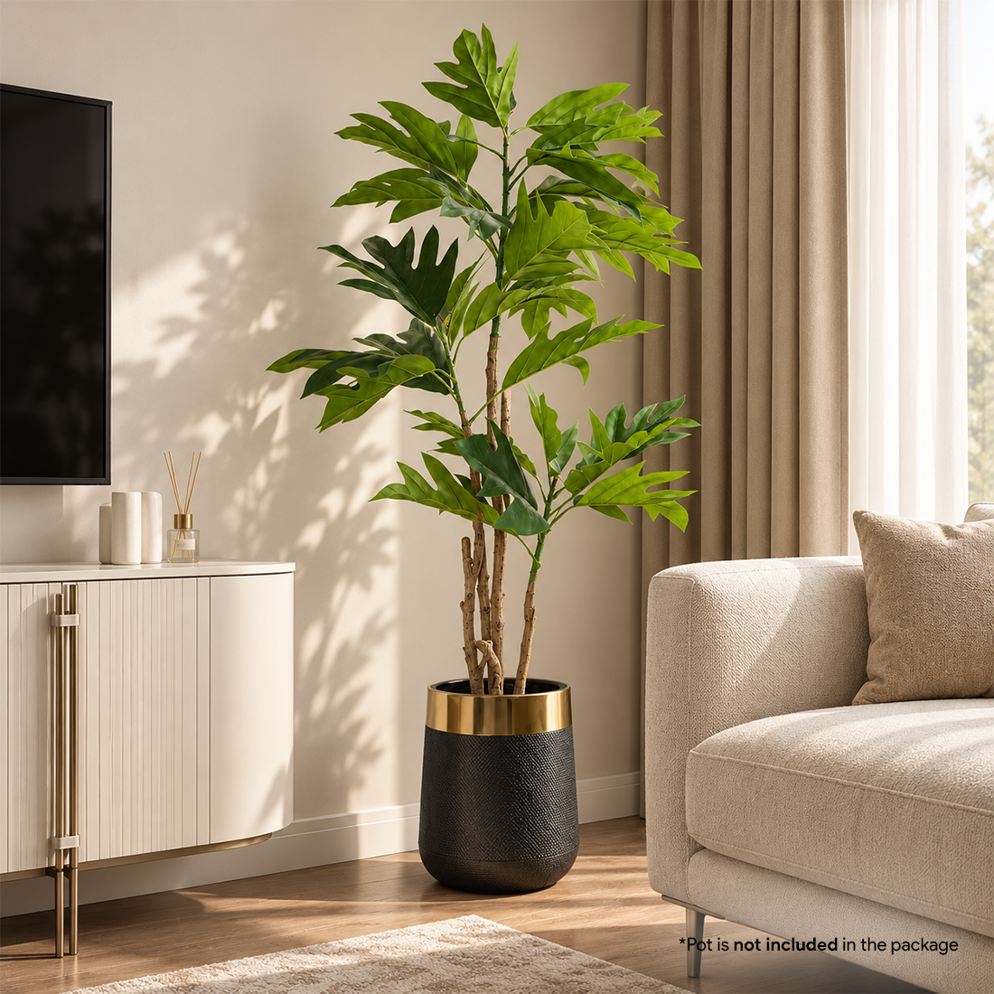 High Life artificial tropical floor plant with lush green leaves and black pot